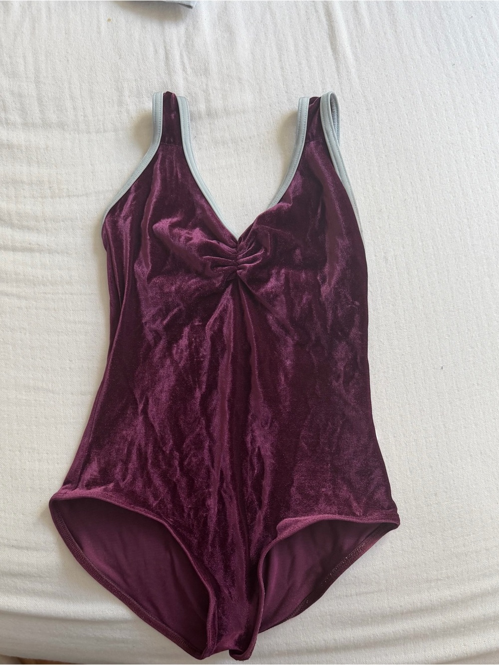 Yumiko Leotard Tiffany style.  Color Roxy velvet with blue trim. Bust lining